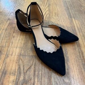 J. Crew Harper Black Suede Scalloped Ankle Strap Flats Size 9 Pointed Toe Shoe